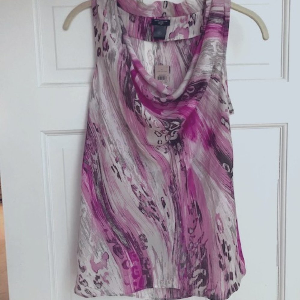 Watercolor print sleeveless cowl-neck blouse